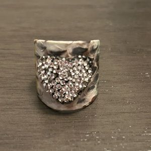 Handcrafted Leather Camo Python Cuff Ring with Heart Shape Incrusted Rhinestone